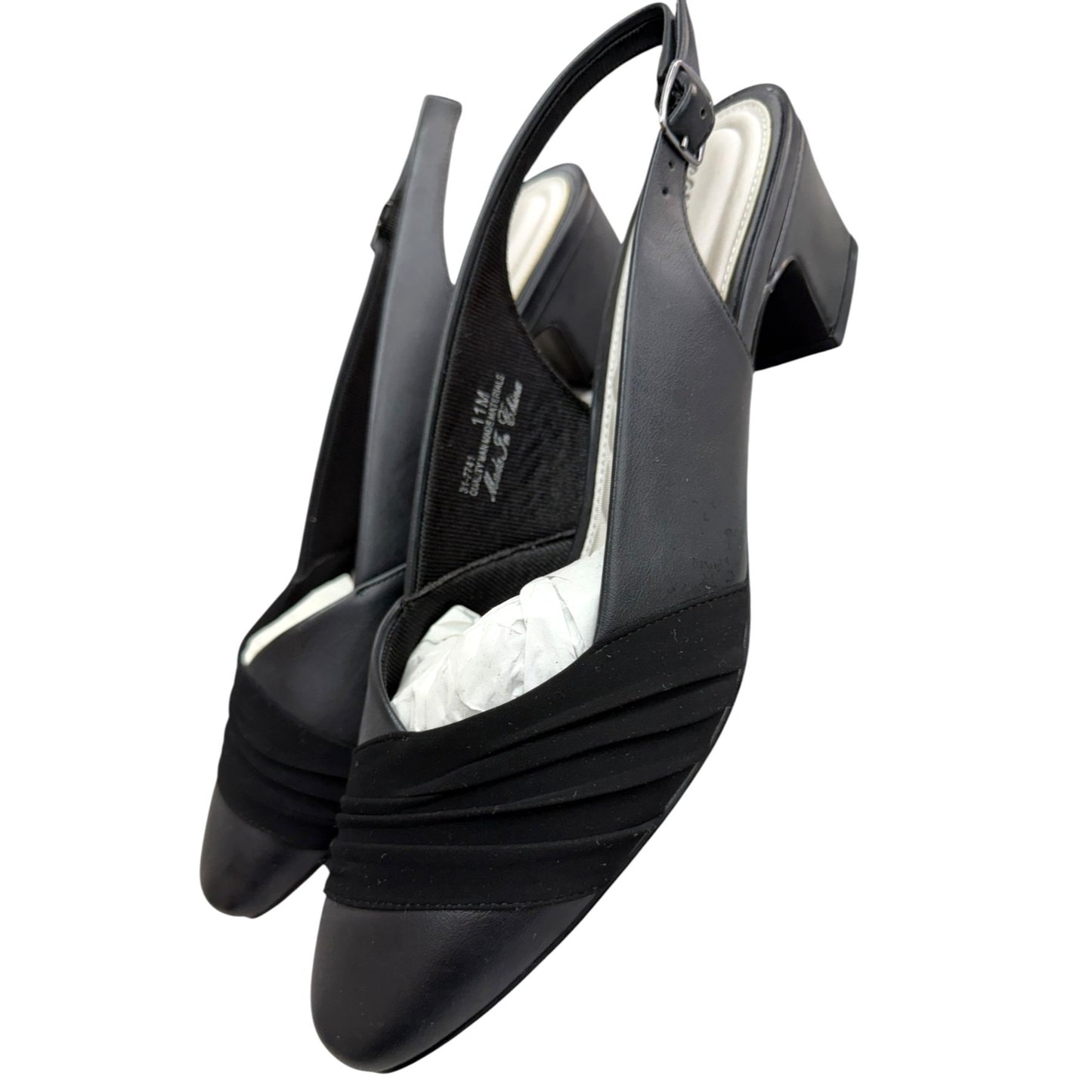 Easy Street Black Slingback Heels 11M With Ruched Toe Design & Low Block Heel NWOB
