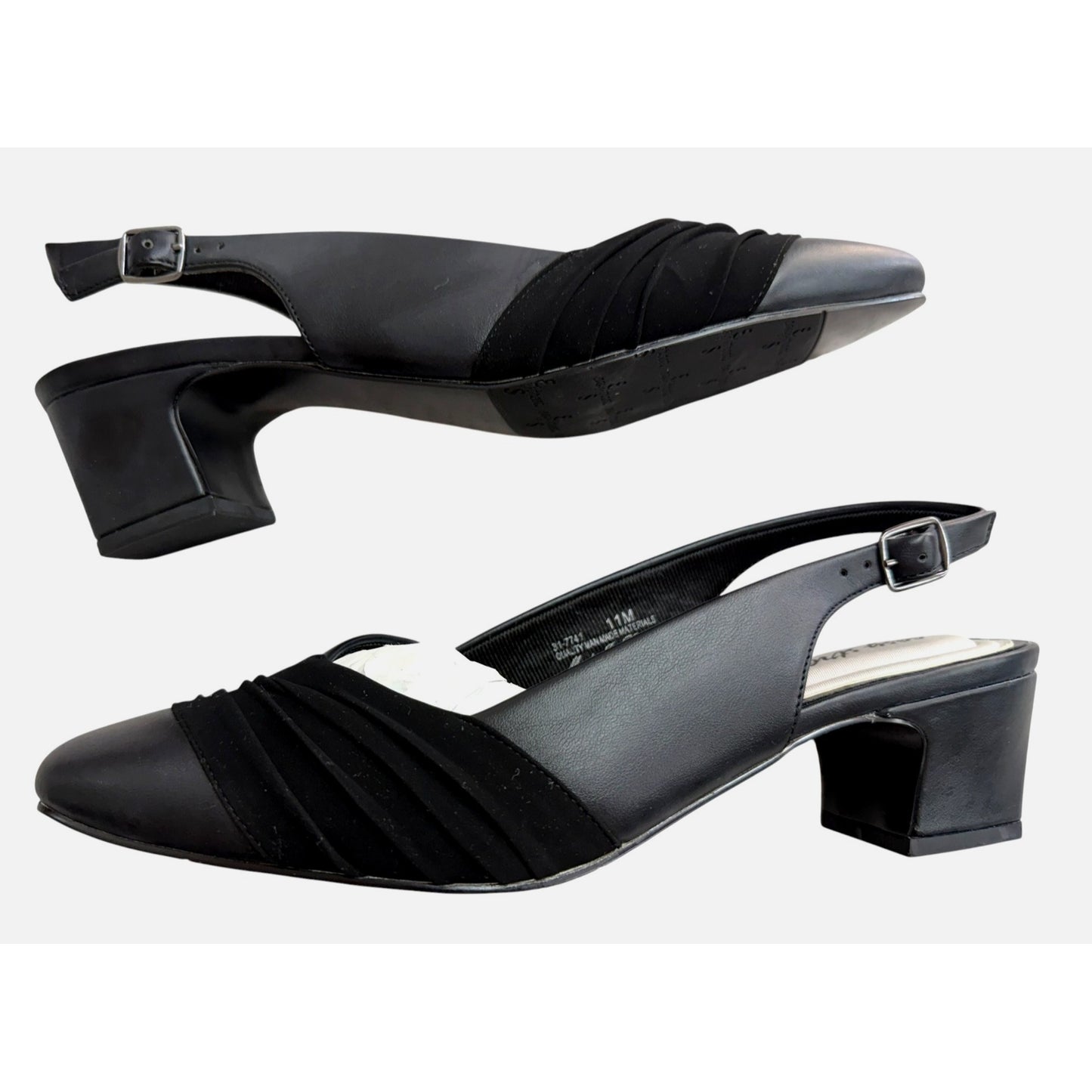 Easy Street Black Slingback Heels 11M With Ruched Toe Design & Low Block Heel NWOB