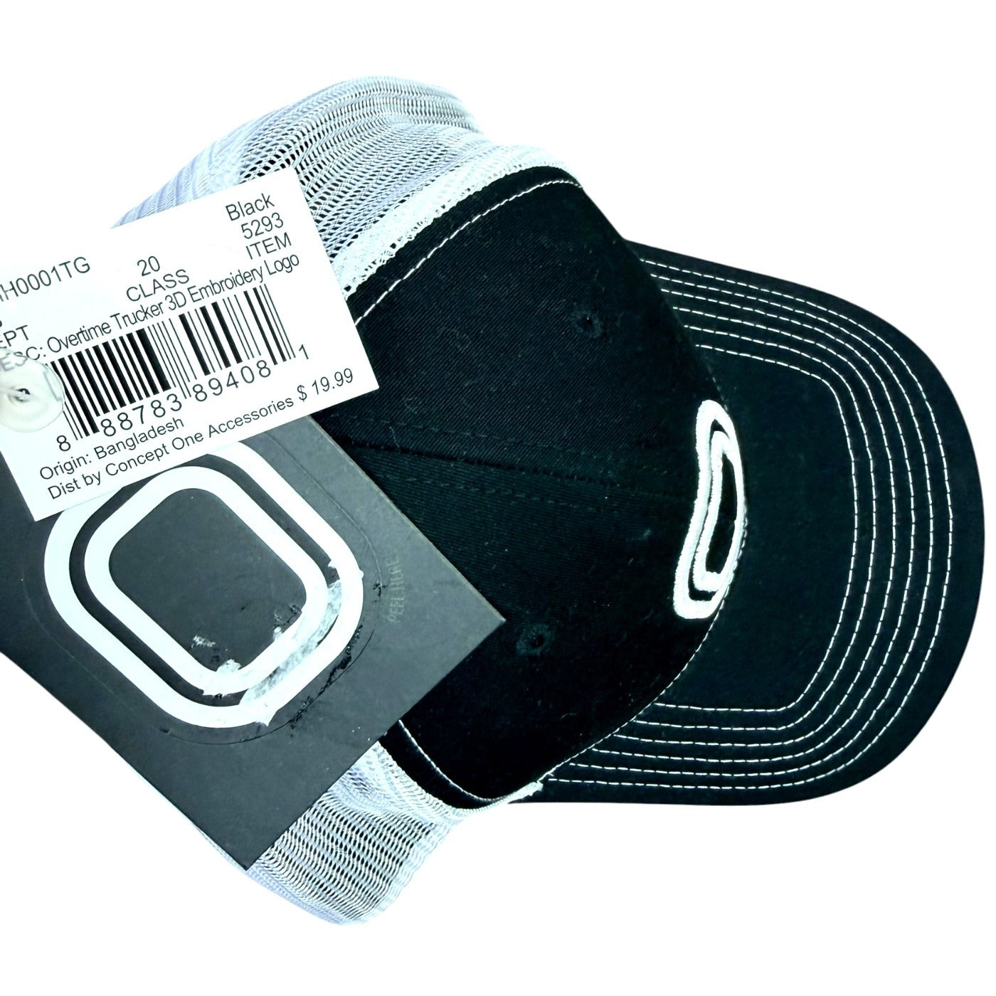 Overtime Black & White Trucker Hat With 3D Embroidered Logo Adjustable NWT