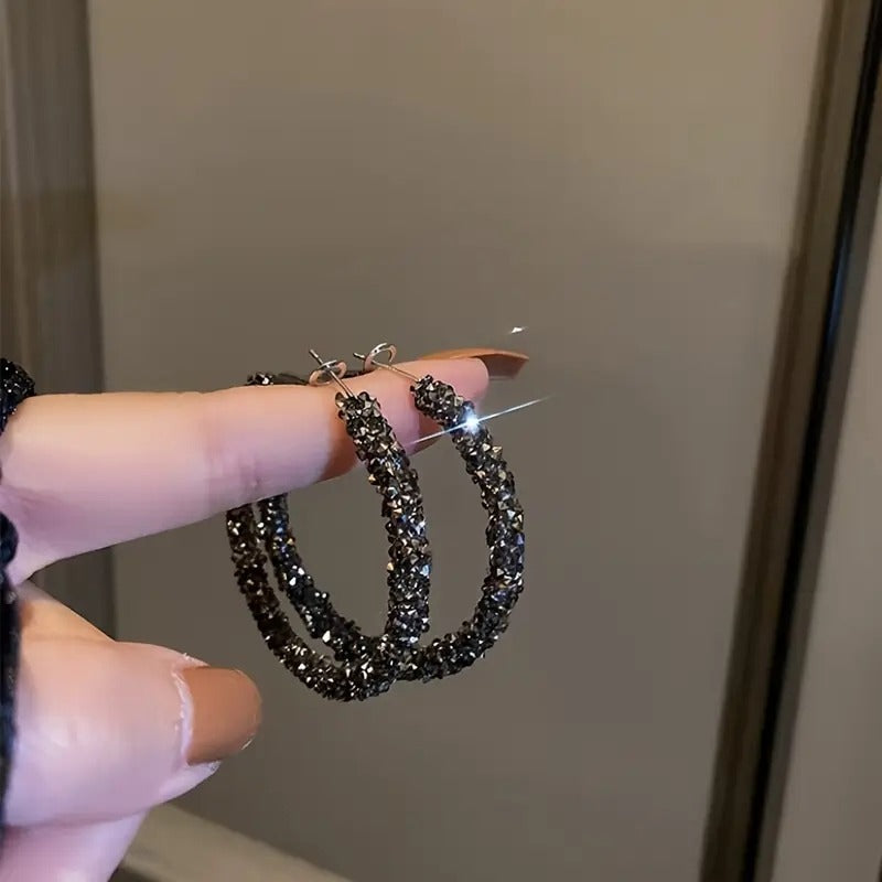 Crystal Rhinestone Hoop Earrings 2.15" Diameter  Elegant Black Glittery Design For Women