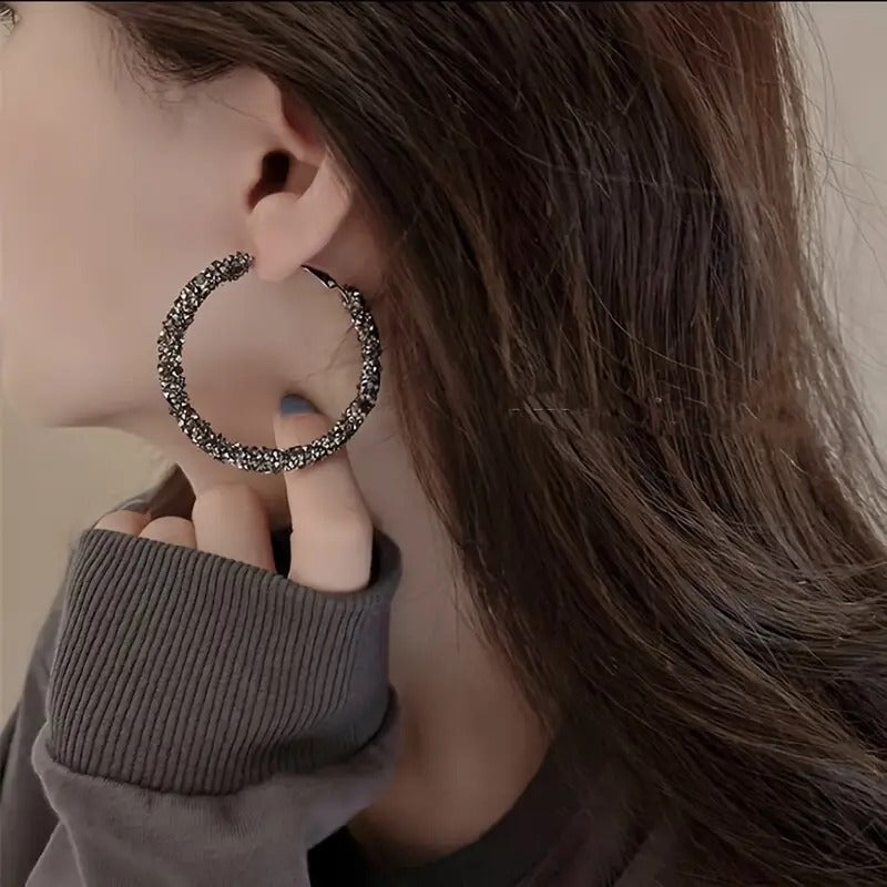 Crystal Rhinestone Hoop Earrings 2.15" Diameter  Elegant Black Glittery Design For Women