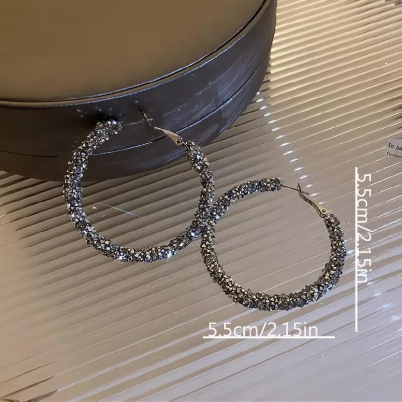Crystal Rhinestone Hoop Earrings 2.15" Diameter  Elegant Black Glittery Design For Women