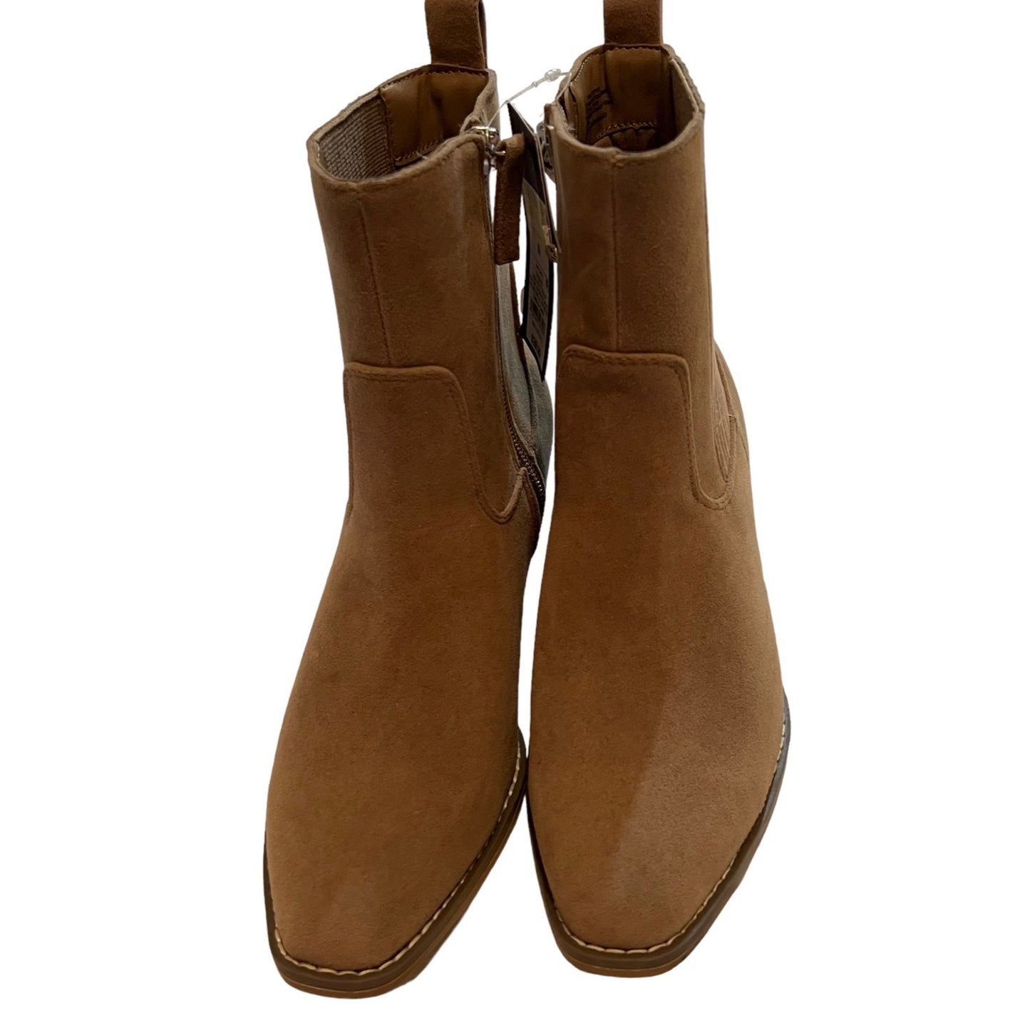 Tan Suede Memory Foam Ankle Boots With Stacked Heel & Side Elastic Panels For Women