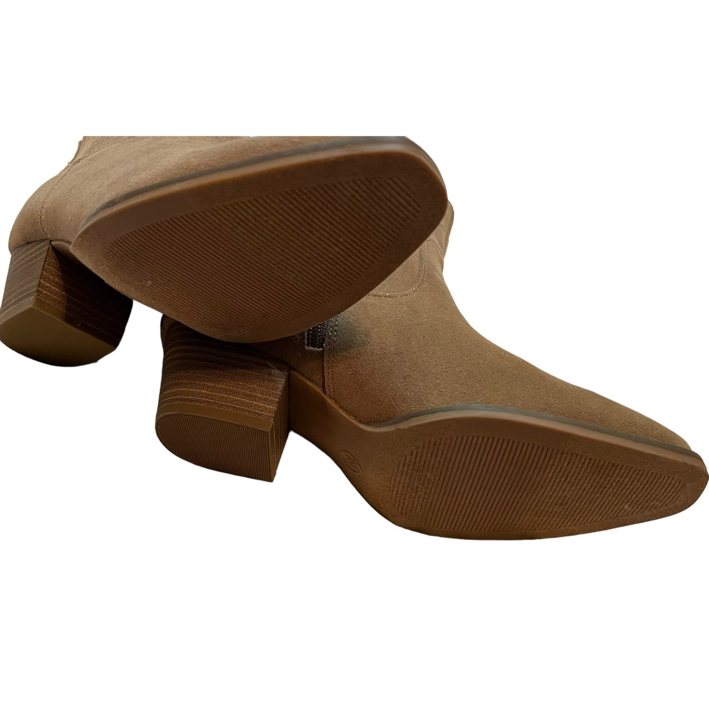 Tan Suede Memory Foam Ankle Boots With Stacked Heel & Side Elastic Panels For Women