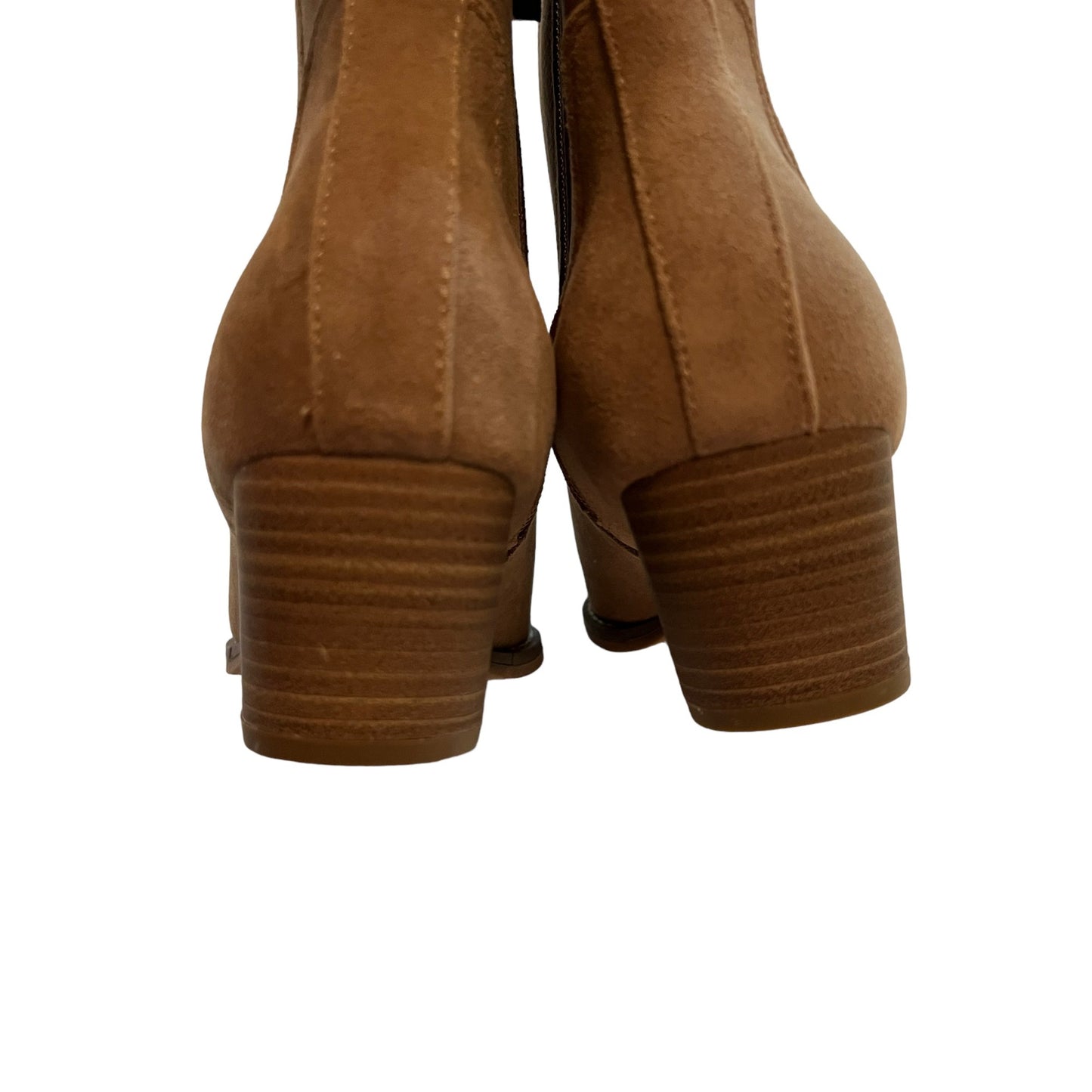 Tan Suede Memory Foam Ankle Boots With Stacked Heel & Side Elastic Panels For Women