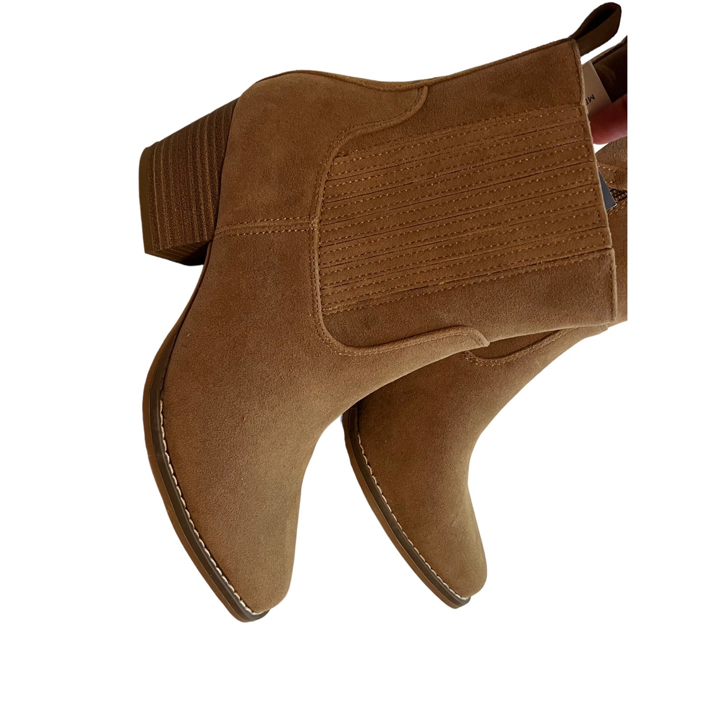 Tan Suede Memory Foam Ankle Boots With Stacked Heel & Side Elastic Panels For Women