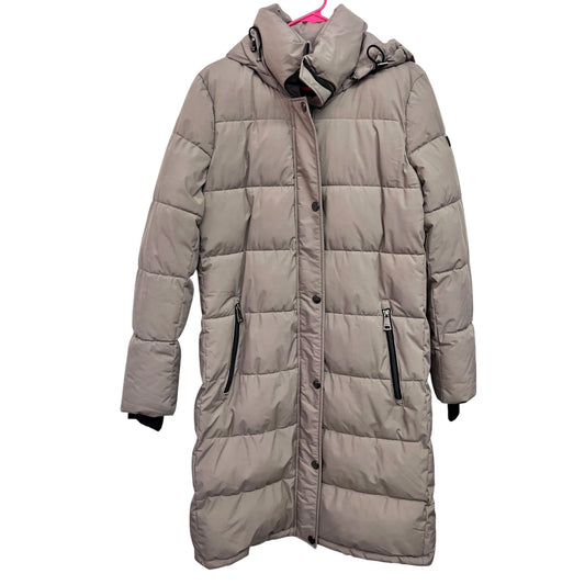 DKNY Womens Long Puffer Coat With Hood Beige Size M