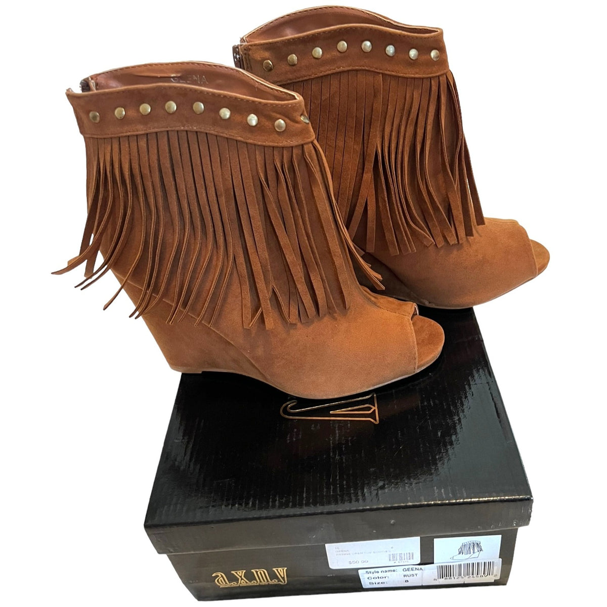 AXNY Geena Fringe Open Toe Booties Rust Size 8 NWB
