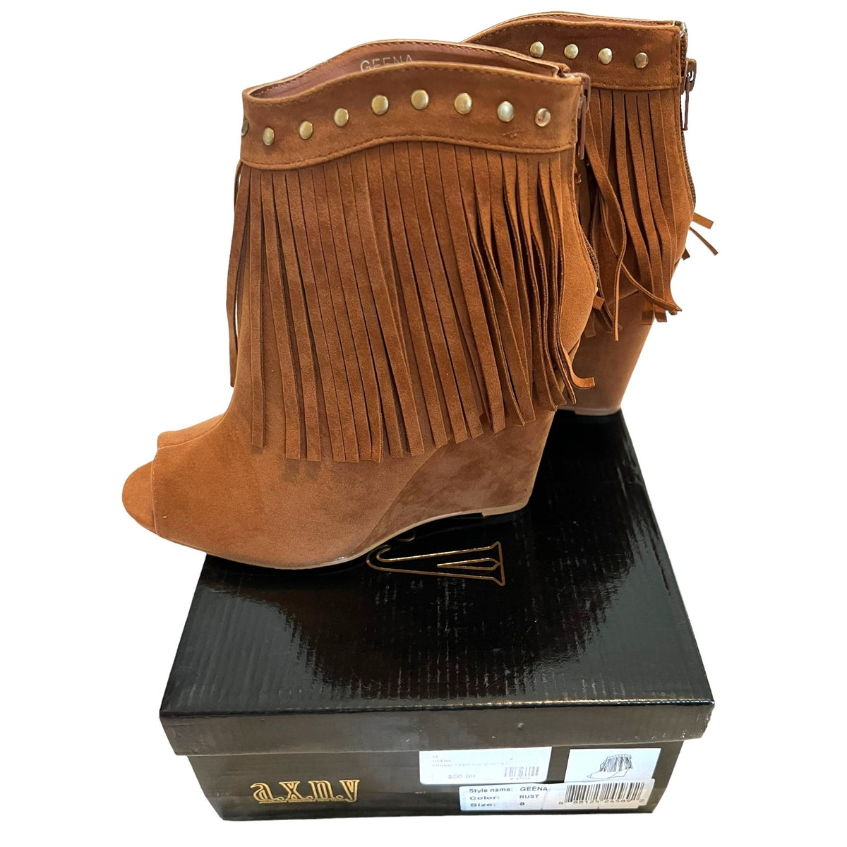 AXNY Geena Fringe Open Toe Booties Rust Size 8 NWB