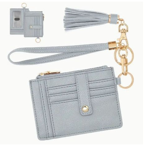 Grey RFID Blocking Leather Card Holder Wallet With Tassel & Keychain Wristlet NEW