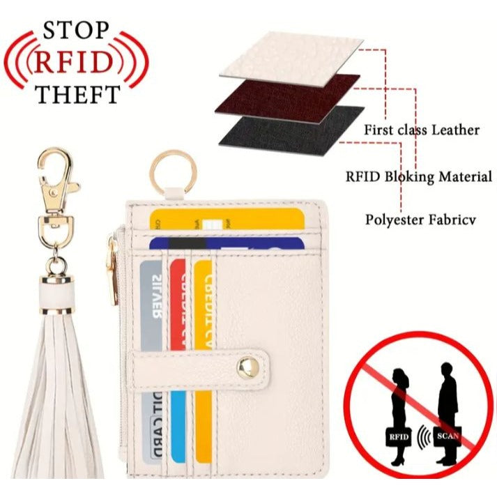 Grey RFID Blocking Leather Card Holder Wallet With Tassel & Keychain Wristlet NEW