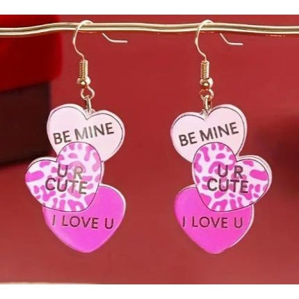 Heart-Shaped Multicolor Acrylic Statement Earrings With "Be Mine" "UR Cute" And "I Love U"