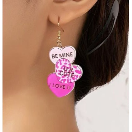 Heart-Shaped Multicolor Acrylic Statement Earrings With "Be Mine" "UR Cute" And "I Love U"