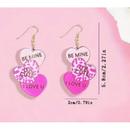 Heart-Shaped Multicolor Acrylic Statement Earrings With "Be Mine" "UR Cute" And "I Love U"