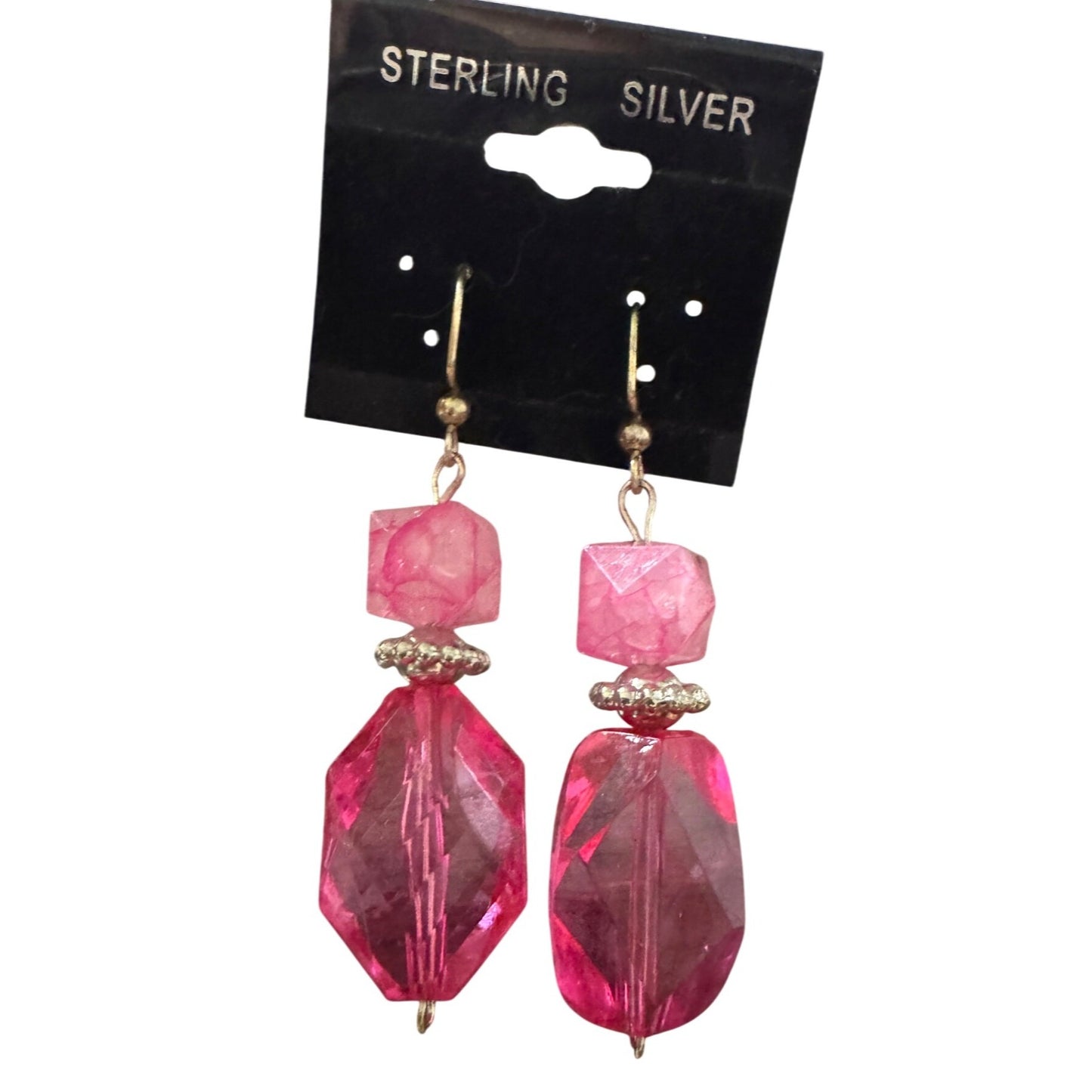 Sterling Silver Pink Crystal Drop Earrings With Geometric Beads & Dangle Design