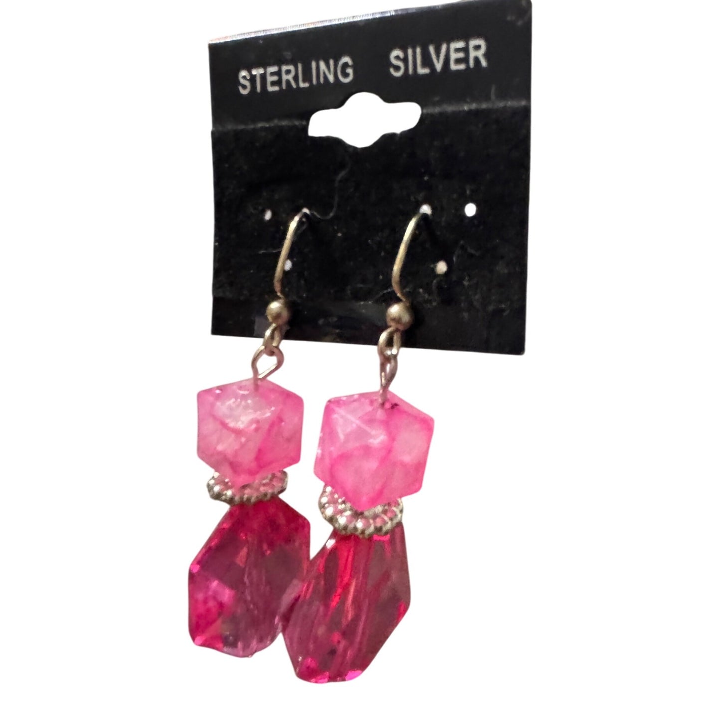 Sterling Silver Pink Crystal Drop Earrings With Geometric Beads & Dangle Design