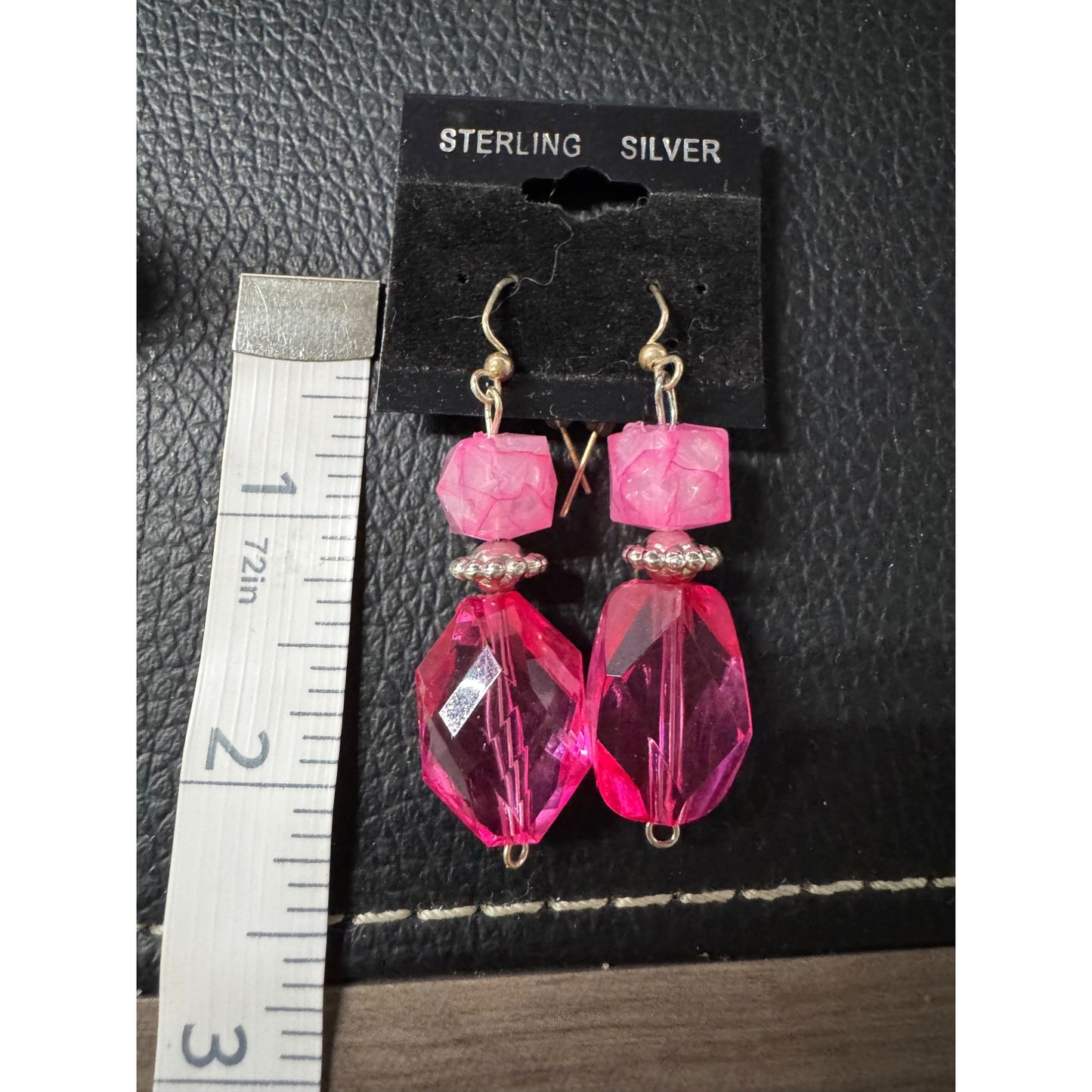 Sterling Silver Pink Crystal Drop Earrings With Geometric Beads & Dangle Design