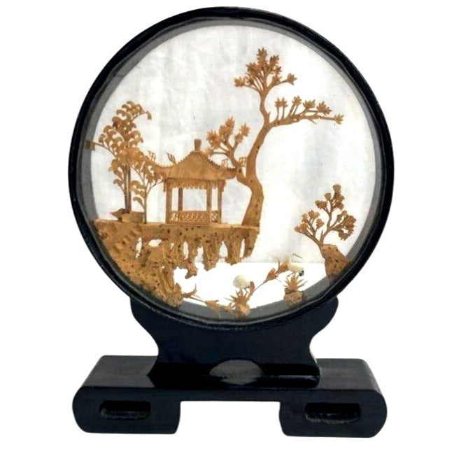 Chinese Pagoda Diorama In Glass Frame With Wooden Stand Art