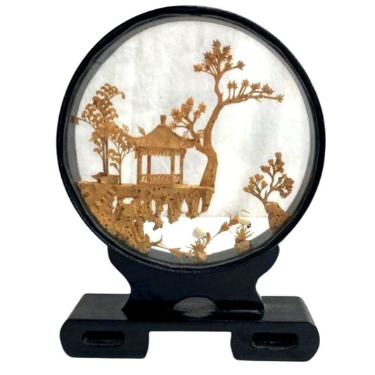 Chinese Pagoda Diorama In Glass Frame With Wooden Stand Art