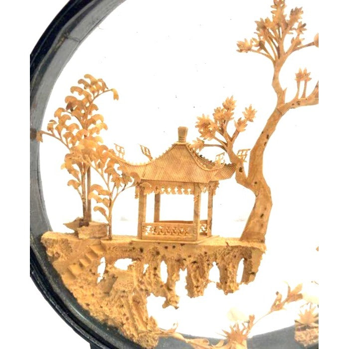 Chinese Pagoda Diorama In Glass Frame With Wooden Stand Art