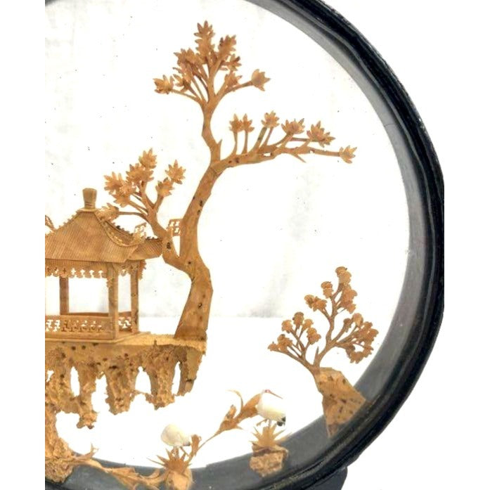 Chinese Pagoda Diorama In Glass Frame With Wooden Stand Art