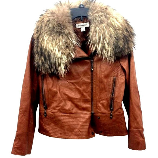 Preston & York Brown Leather Jacket With Raccoon Fur Collar Size S Genuine Lambskin