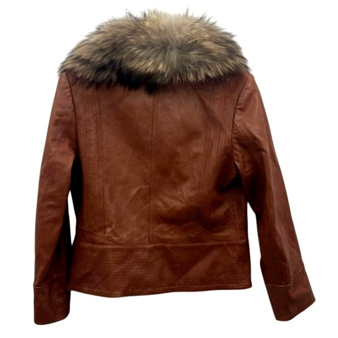 Preston & York Brown Leather Jacket With Raccoon Fur Collar Size S Genuine Lambskin