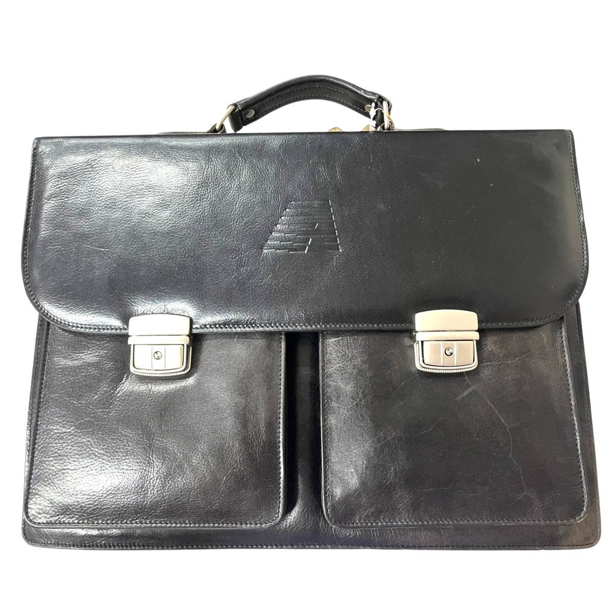 Emporio Armani Leather Briefcase With Dual Front Pockets And Key Lock Closure