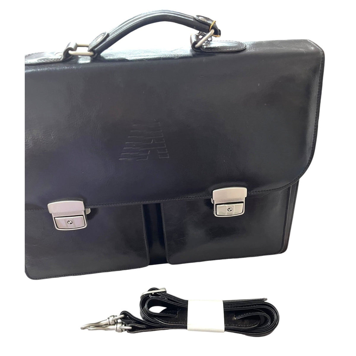 Emporio Armani Leather Briefcase With Dual Front Pockets And Key Lock Closure