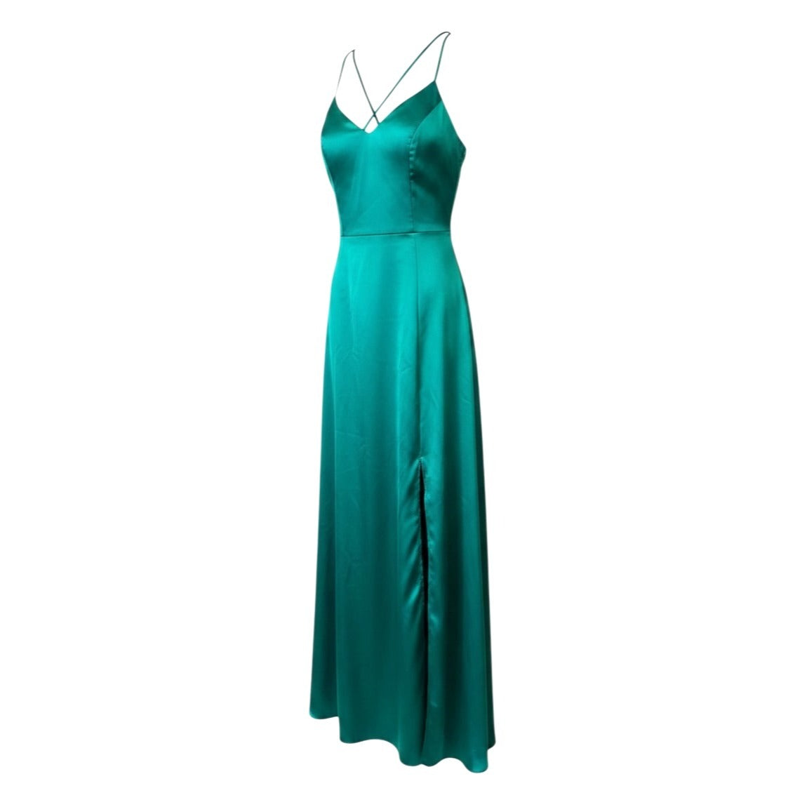My Michelle Green Satin Strappy Formal Gown With Side Slit Size 9