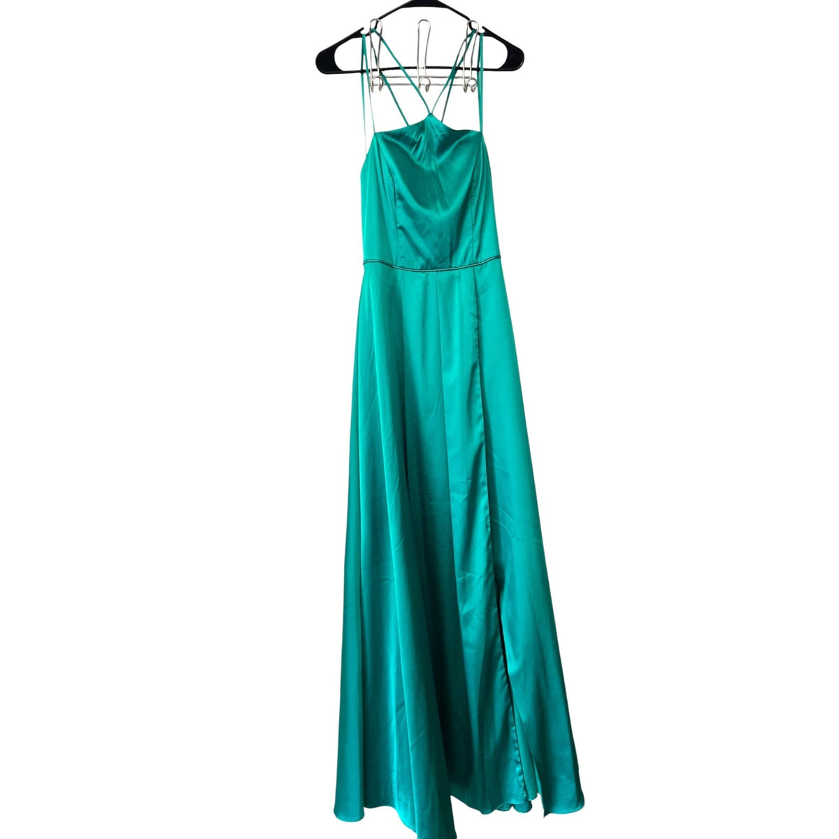 My Michelle Green Satin Strappy Formal Gown With Side Slit Size 9