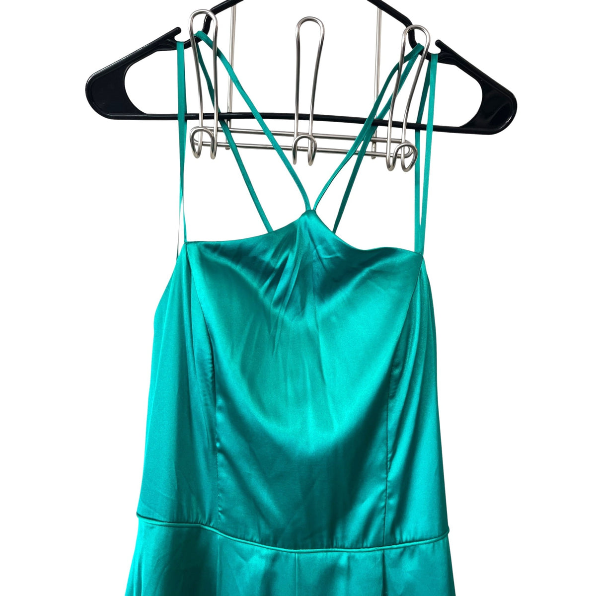 My Michelle Green Satin Strappy Formal Gown With Side Slit Size 9