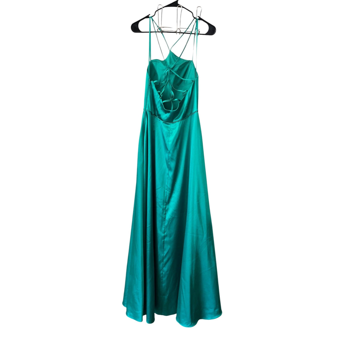 My Michelle Green Satin Strappy Formal Gown With Side Slit Size 9