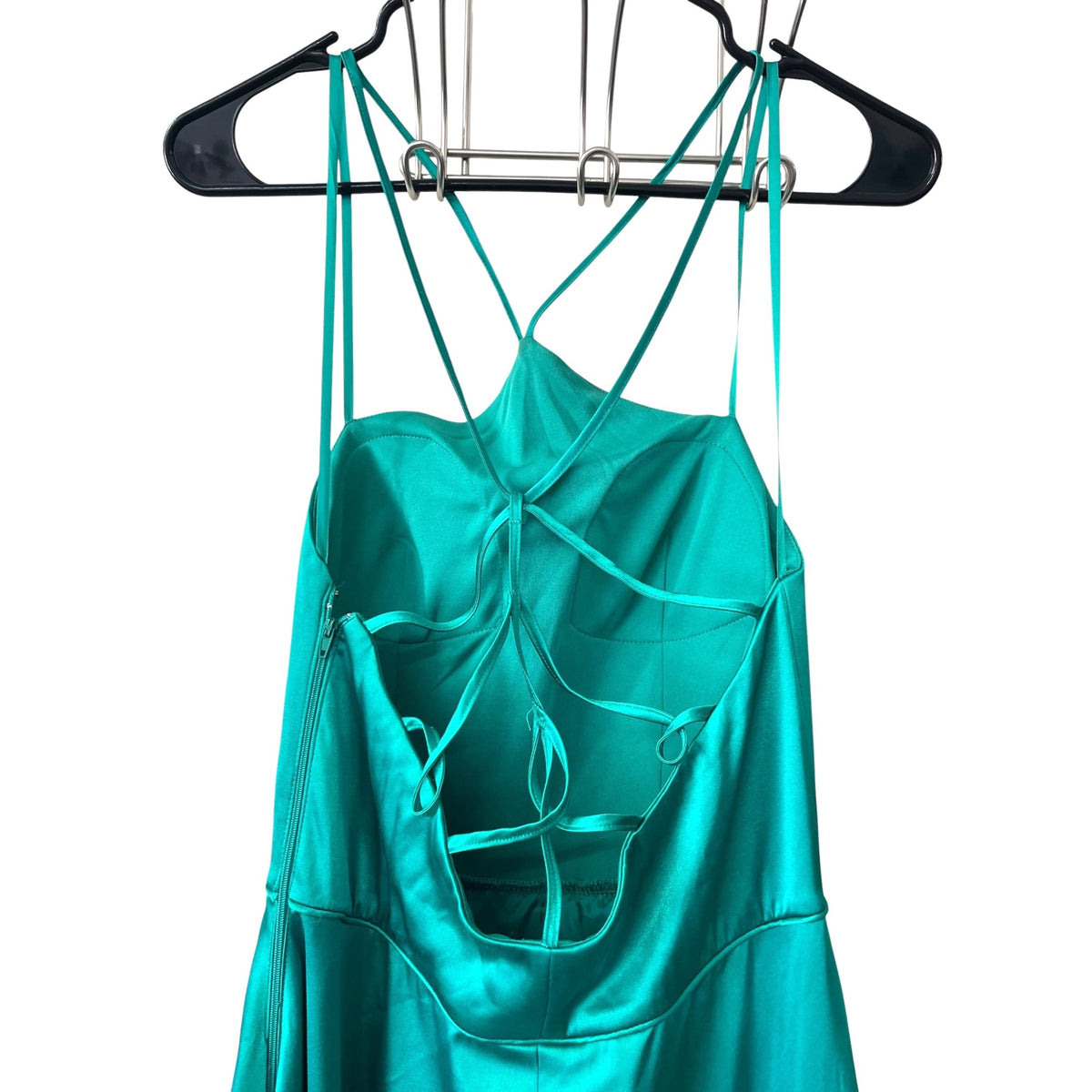 My Michelle Green Satin Strappy Formal Gown With Side Slit Size 9