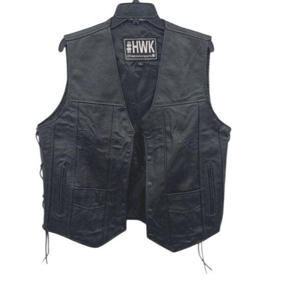 HWK Motorsports Black Leather Motorcycle Vest Size L