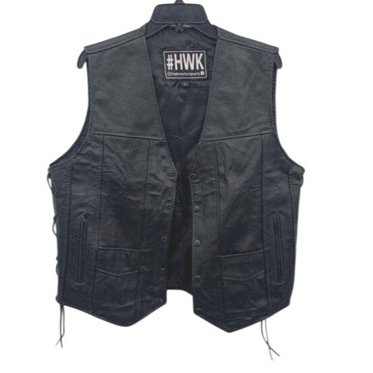 HWK Motorsports Black Leather Motorcycle Vest Size L