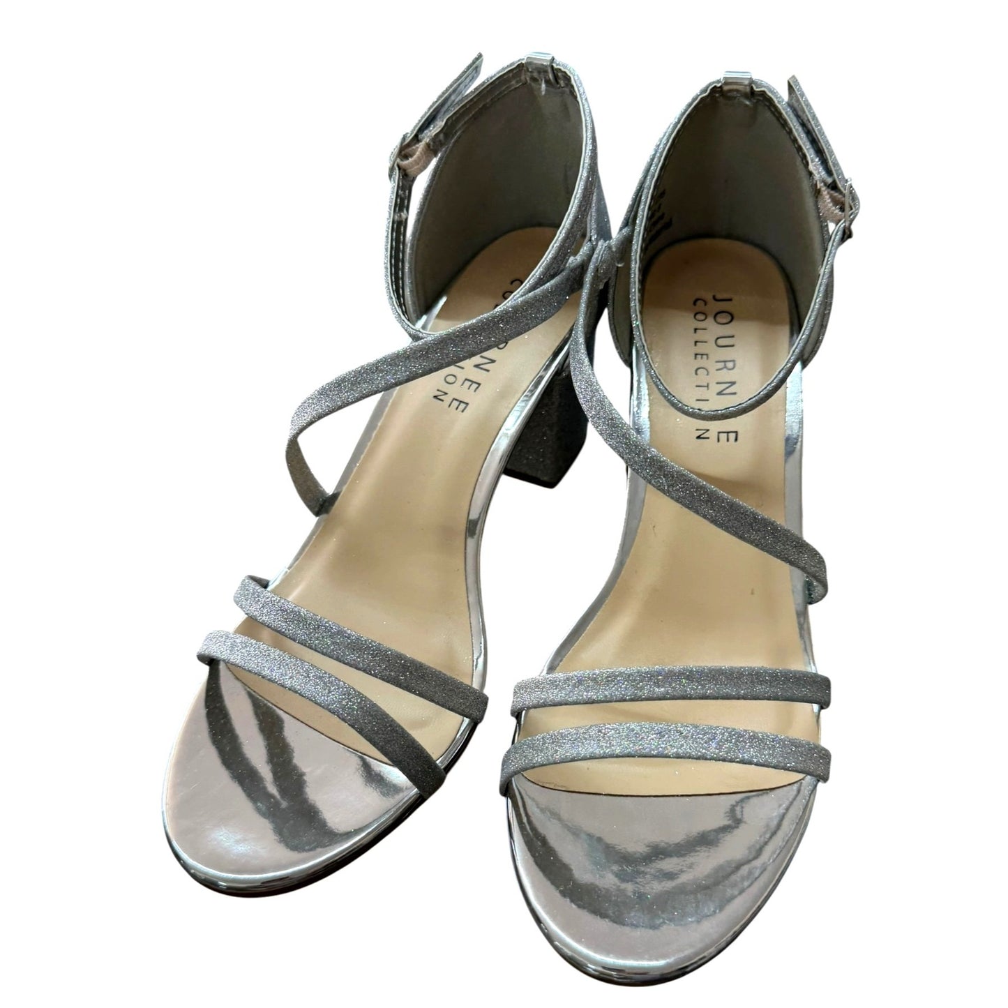 Journee Collection Womens Silver Glitter Strappy Block Heel Sandals Size 8