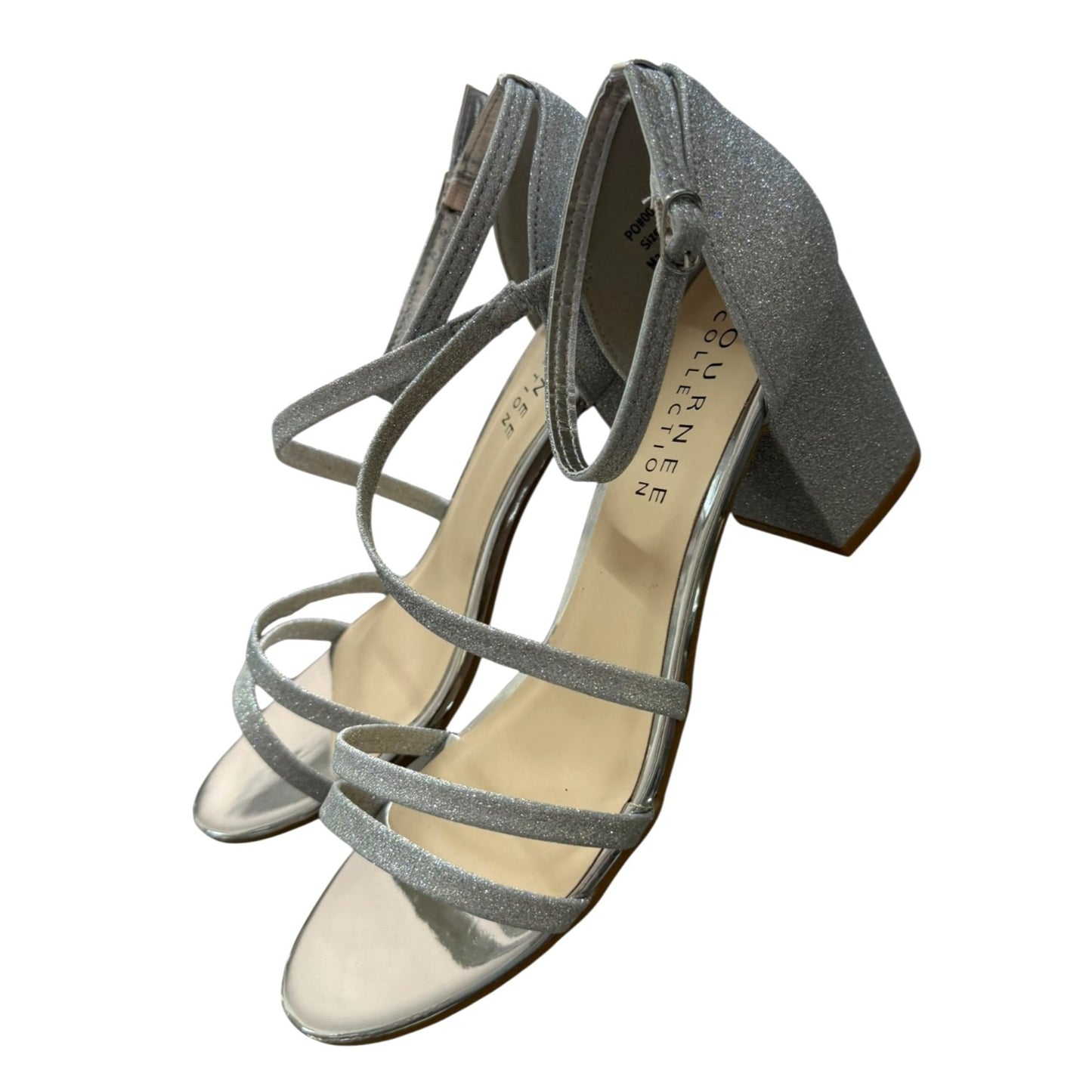 Journee Collection Womens Silver Glitter Strappy Block Heel Sandals Size 8