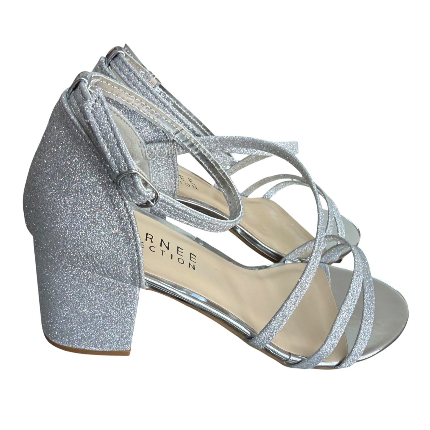 Journee Collection Womens Silver Glitter Strappy Block Heel Sandals Size 8