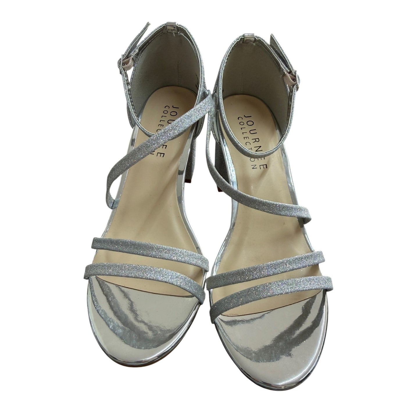 Journee Collection Womens Silver Glitter Strappy Block Heel Sandals Size 8