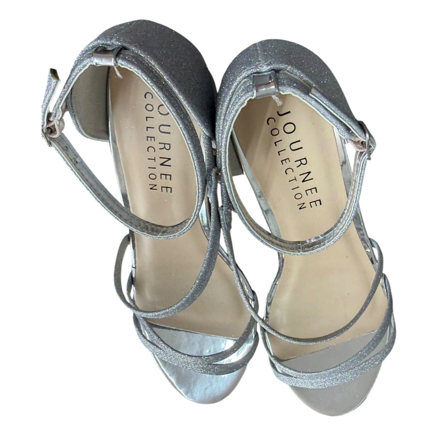 Journee Collection Womens Silver Glitter Strappy Block Heel Sandals Size 8