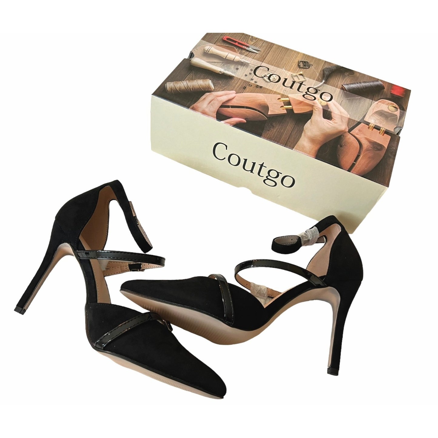 Coutgo Women's Black Stiletto Pumps With Ankle Strap & Pointed Toe Size 9 NWB