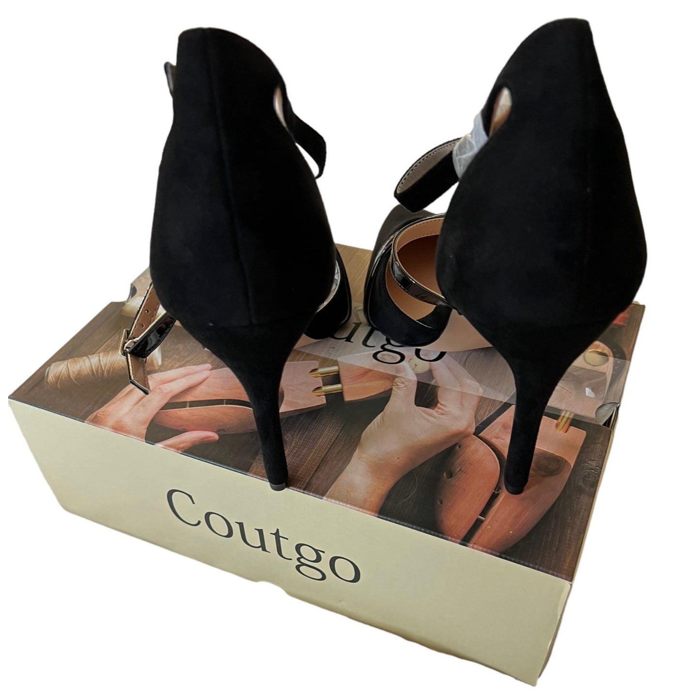 Coutgo Women's Black Stiletto Pumps With Ankle Strap & Pointed Toe Size 9 NWB