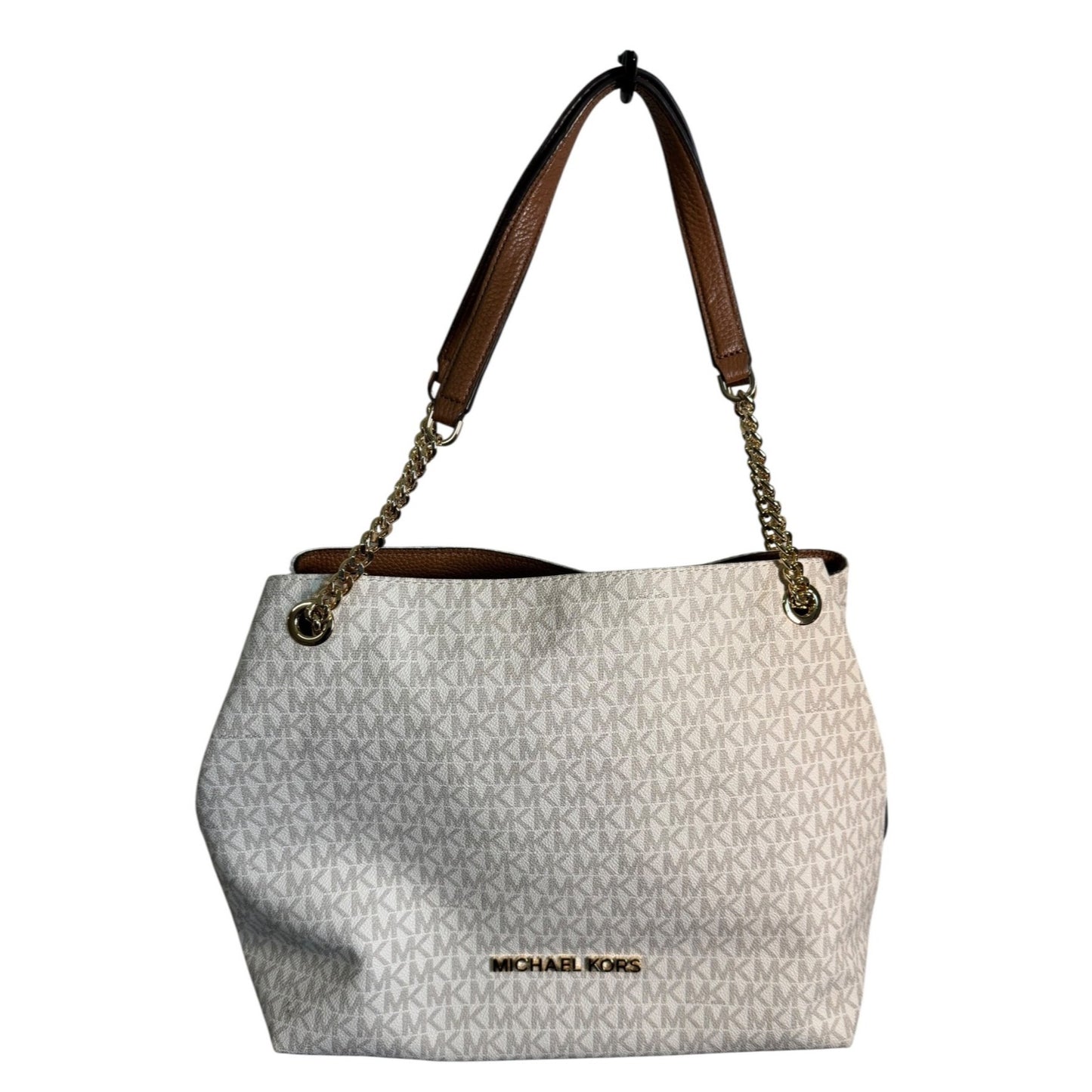Michael Kors White Monogram Canvas Chain Tote Bag With Gold Accents