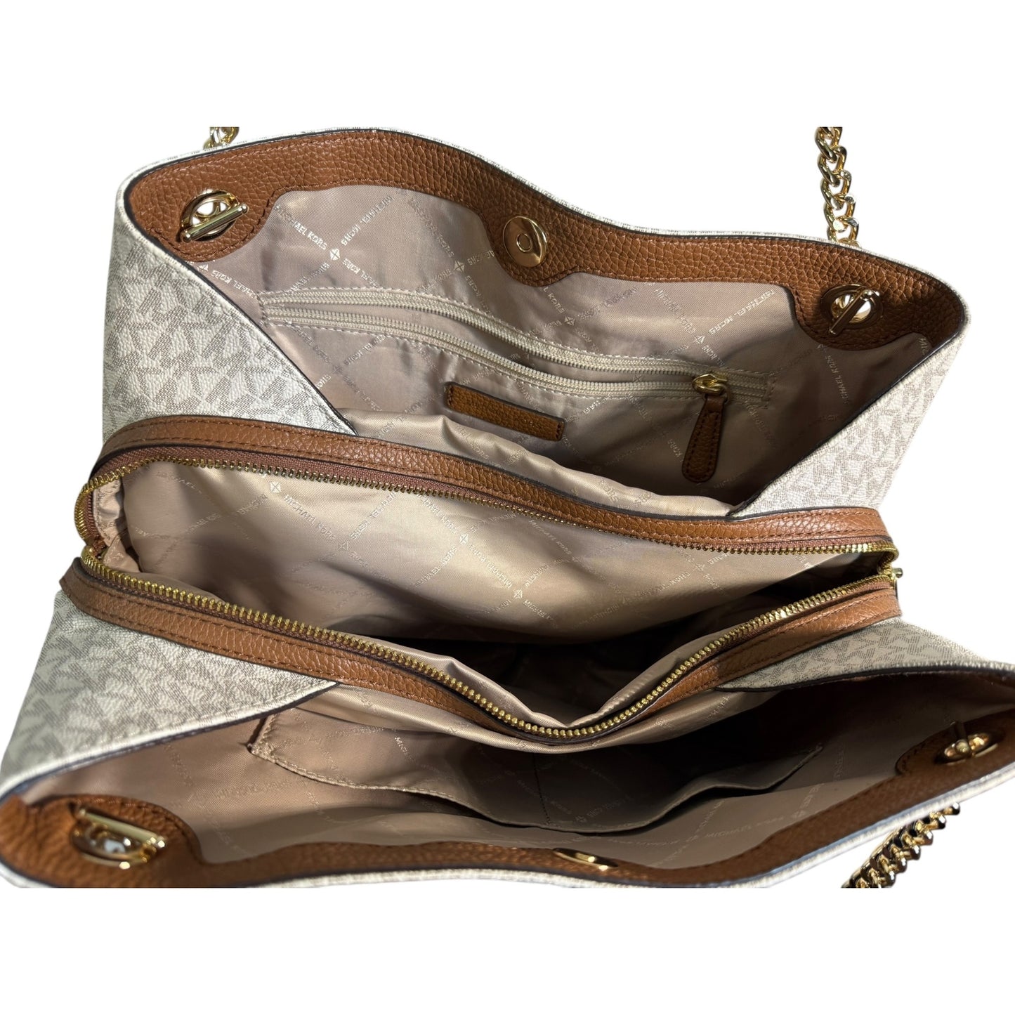 Michael Kors White Monogram Canvas Chain Tote Bag With Gold Accents