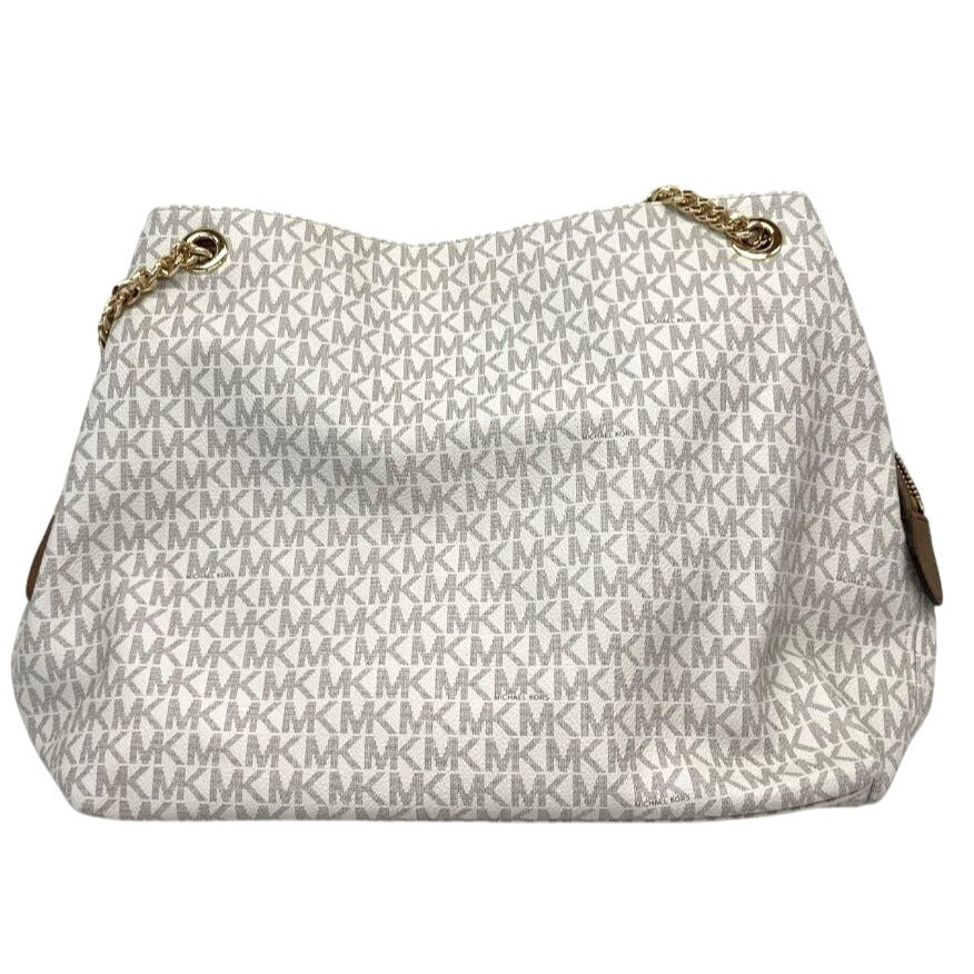 Michael Kors White Monogram Canvas Chain Tote Bag With Gold Accents