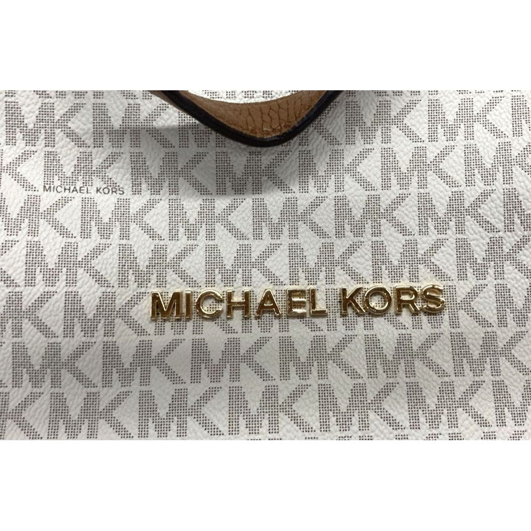 Michael Kors White Monogram Canvas Chain Tote Bag With Gold Accents
