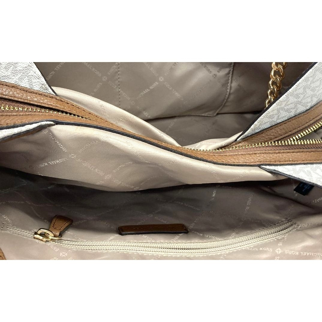 Michael Kors White Monogram Canvas Chain Tote Bag With Gold Accents