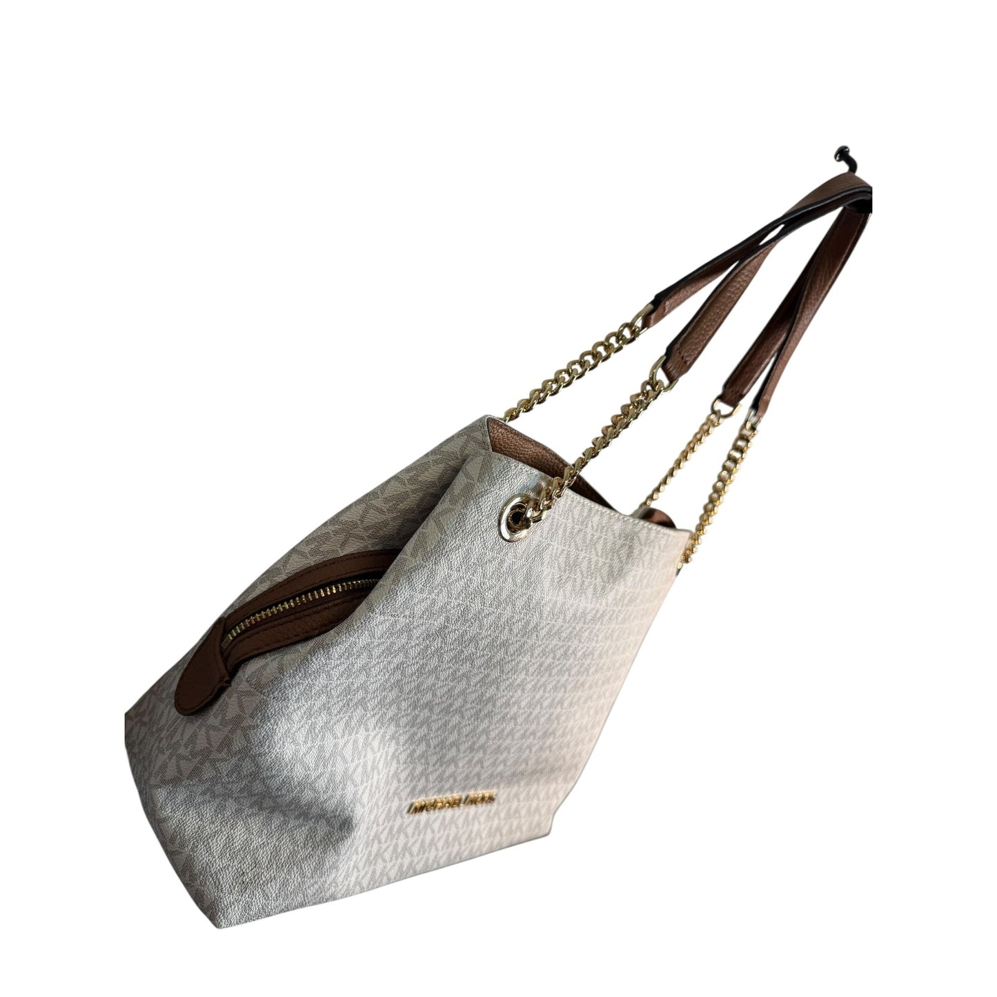 Michael Kors White Monogram Canvas Chain Tote Bag With Gold Accents