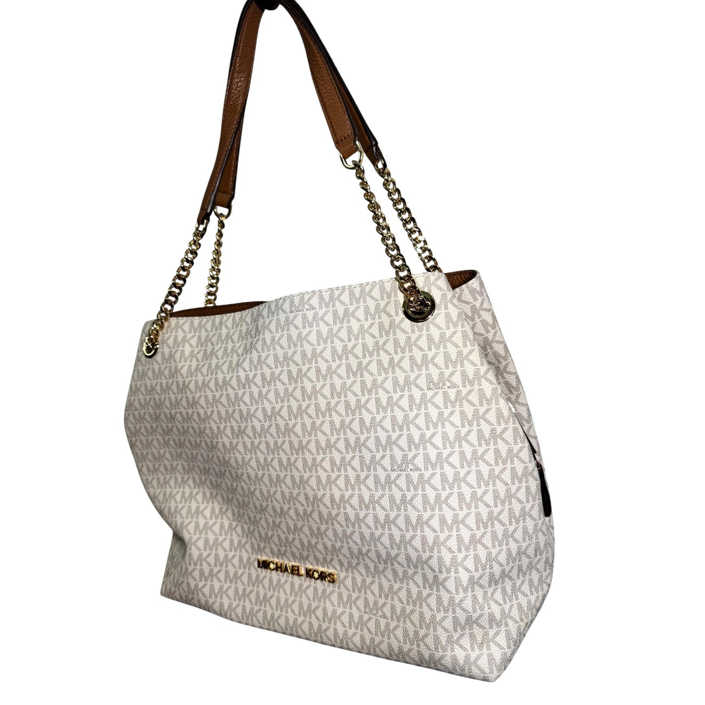 Michael Kors White Monogram Canvas Chain Tote Bag With Gold Accents